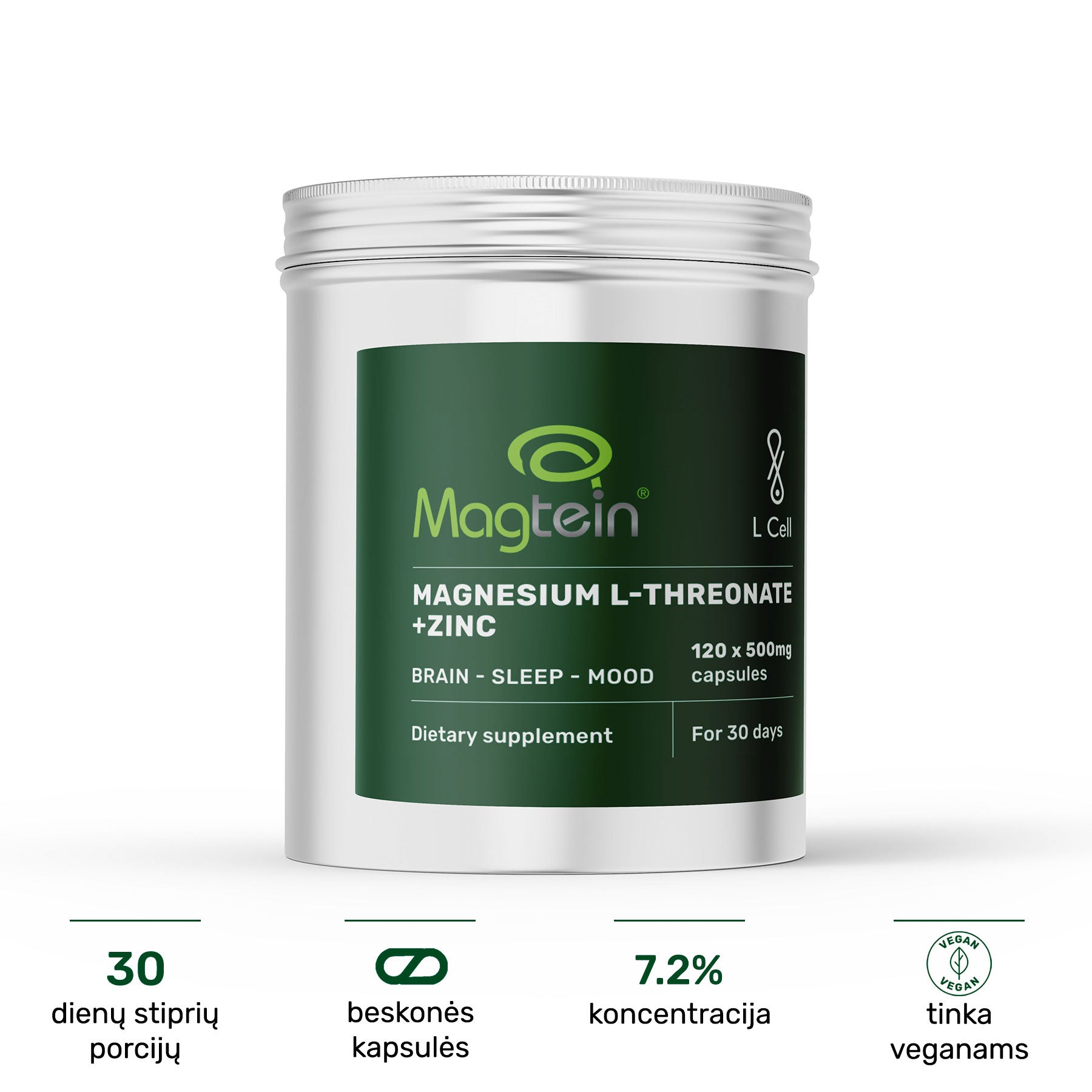 Magnesium L-Threonate Capsules 500mg (30 days, 120 pc.)