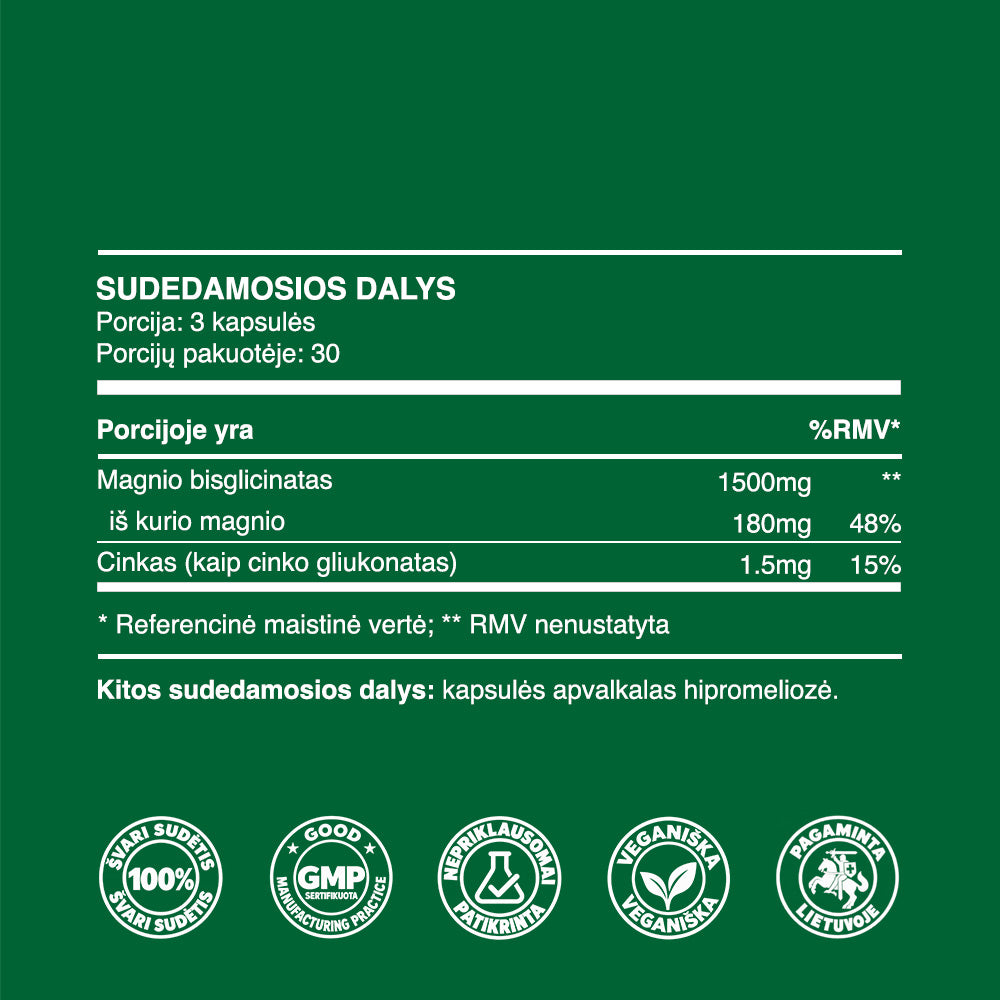 Magnio Bisglicinatas (500mg kapsulės, 90 vnt.)
